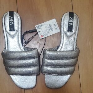 Zara Silver Slide Sandals with Quilted Straps